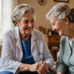 Aide-soignante accompagnant une personne âgée à son domicile