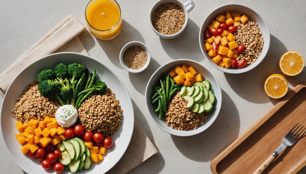 Repas équilibré avec fruits, légumes et produits alimentaires étiquetés