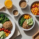 Repas équilibré avec fruits, légumes et produits alimentaires étiquetés