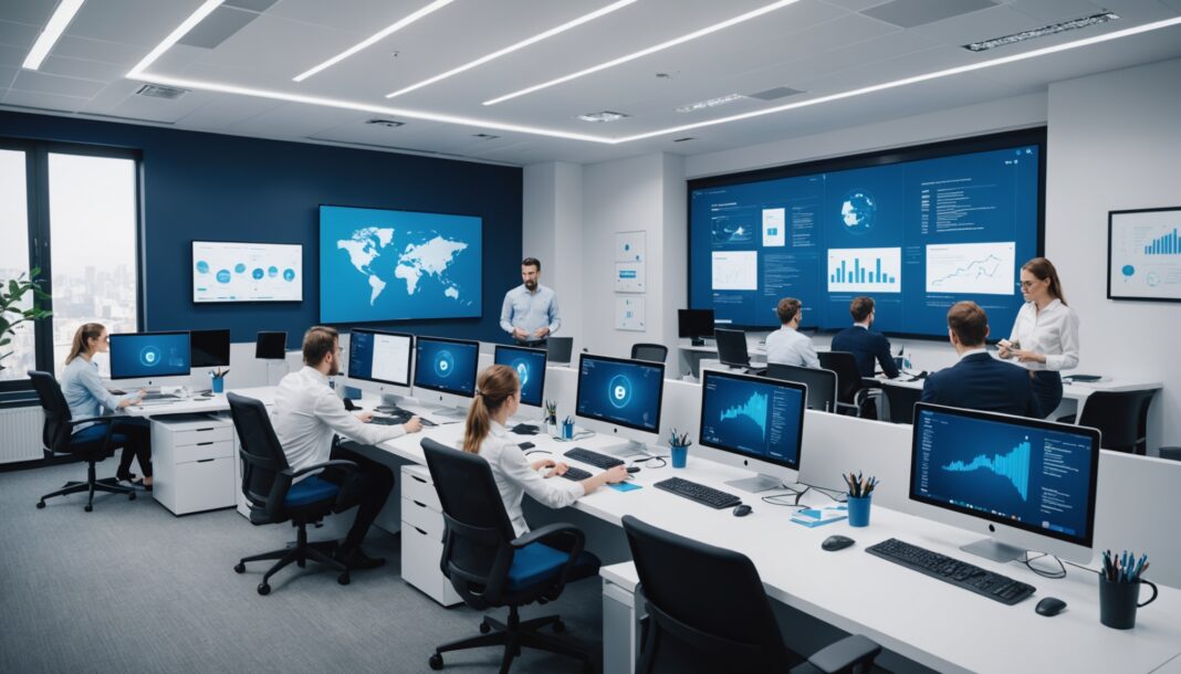 Équipe d'agence marketing analysant la conformité IA et la réglementation européenne sur écran