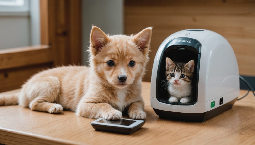 Chiot et chaton pres d'un scanner de puce electronique veterinaire, illustration nouvelles regles vente animaux