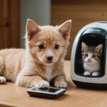 Chiot et chaton pres d'un scanner de puce electronique veterinaire, illustration nouvelles regles vente animaux