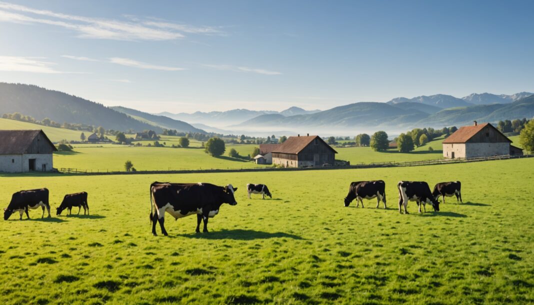 Vaches laitières au pâturage dans une ferme de l'Est de la France