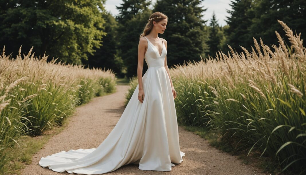 Robe de mariée minimaliste en satin de soie aux lignes épurées, mariage estival en extérieur