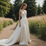 Robe de mariée minimaliste en satin de soie aux lignes épurées, mariage estival en extérieur
