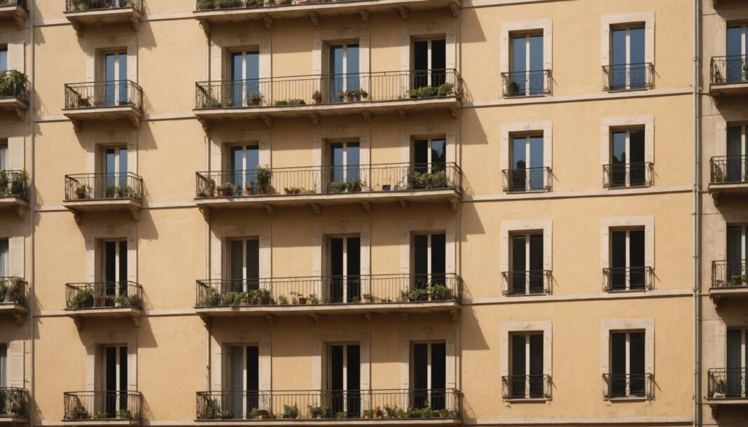 Immeuble français avec volets fermés et balcon ombragé sous une chaleur intense