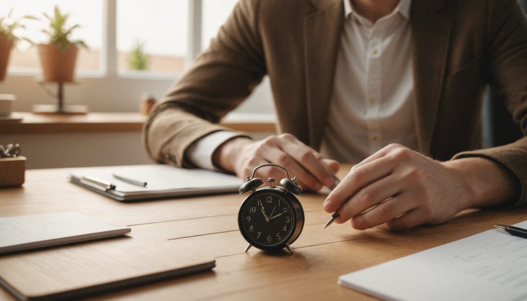 Personne assise à un bureau repoussant doucement une petite horloge, ambiance calme et réfléchie