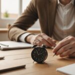 Personne assise à un bureau repoussant doucement une petite horloge, ambiance calme et réfléchie