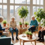 Séniors dans un salon commun lumineux d'une résidence d'habitat partagé