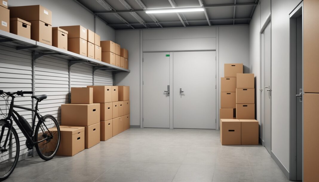 Unité de self-stockage avec cartons et vélo rangés, illustrant le recours croissant au garde-meuble pour la rentrée étudiante