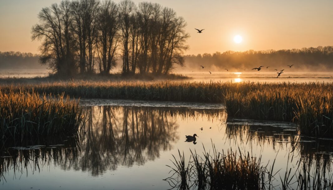 Marais brumeux au lever du jour avec des canards sauvages survolant les roseaux