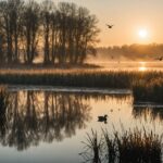 Marais brumeux au lever du jour avec des canards sauvages survolant les roseaux