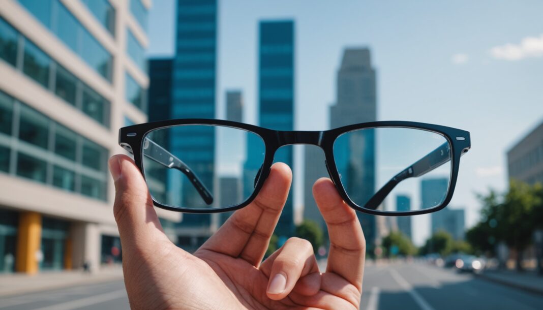 Gros plan sur des lunettes connectées modernes avec caméra discrète intégrée à la monture