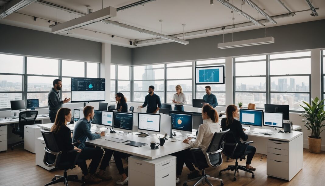 Équipe d'une agence de marketing digital travaillant sur des tableaux de bord d'analyse et d'intelligence artificielle