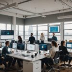 Équipe d'une agence de marketing digital travaillant sur des tableaux de bord d'analyse et d'intelligence artificielle