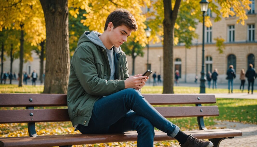 Étudiant assis calmement sur un campus universitaire français, tenant son smartphone, symbole du soutien en santé mentale