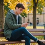 Étudiant assis calmement sur un campus universitaire français, tenant son smartphone, symbole du soutien en santé mentale