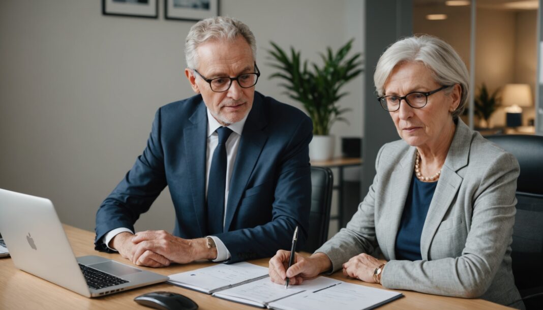 Deux collègues seniors en réunion de travail dans un bureau français
