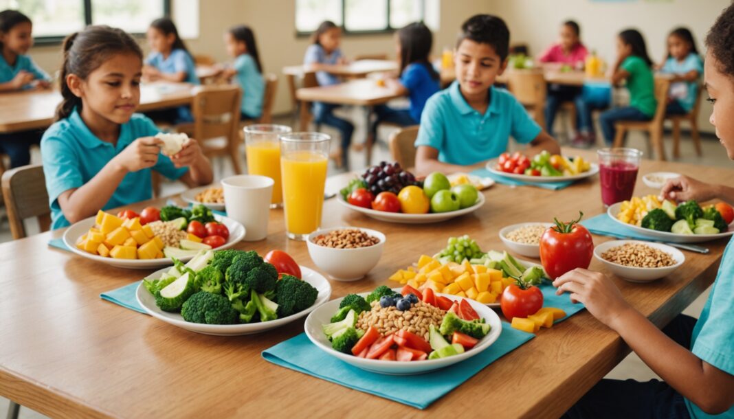 Table de cantine scolaire avec un repas équilibré, fruits et légumes frais