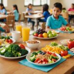 Table de cantine scolaire avec un repas équilibré, fruits et légumes frais