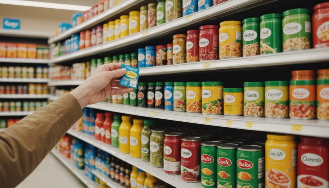 Rayons de supermarché avec des produits alimentaires comparés par un consommateur