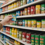 Rayons de supermarché avec des produits alimentaires comparés par un consommateur