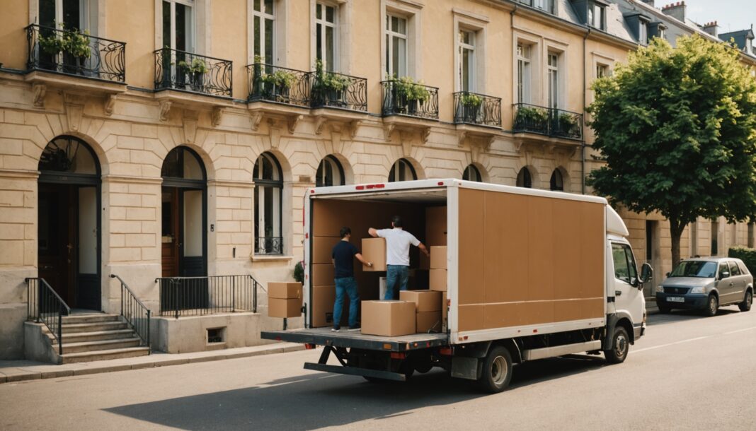 Camion de déménagement chargé de cartons devant un immeuble en été