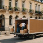 Camion de déménagement chargé de cartons devant un immeuble en été
