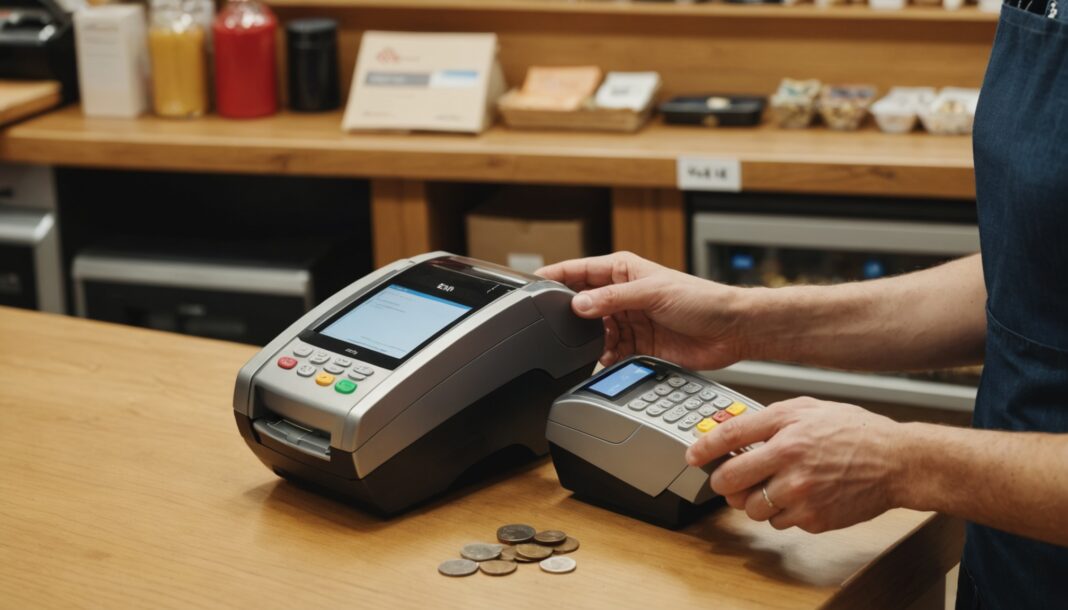 Client réglant ses achats par carte bancaire en caisse dans un petit commerce