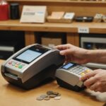 Client réglant ses achats par carte bancaire en caisse dans un petit commerce