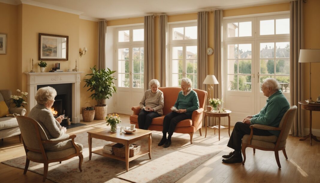 Résidents et soignant dans le salon lumineux d'une maison de retraite EHPAD