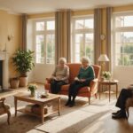 Résidents et soignant dans le salon lumineux d'une maison de retraite EHPAD