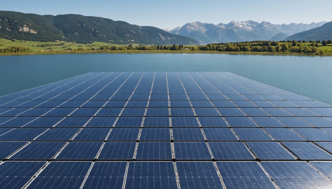 Panneaux solaires flottants installés sur un plan d'eau en France