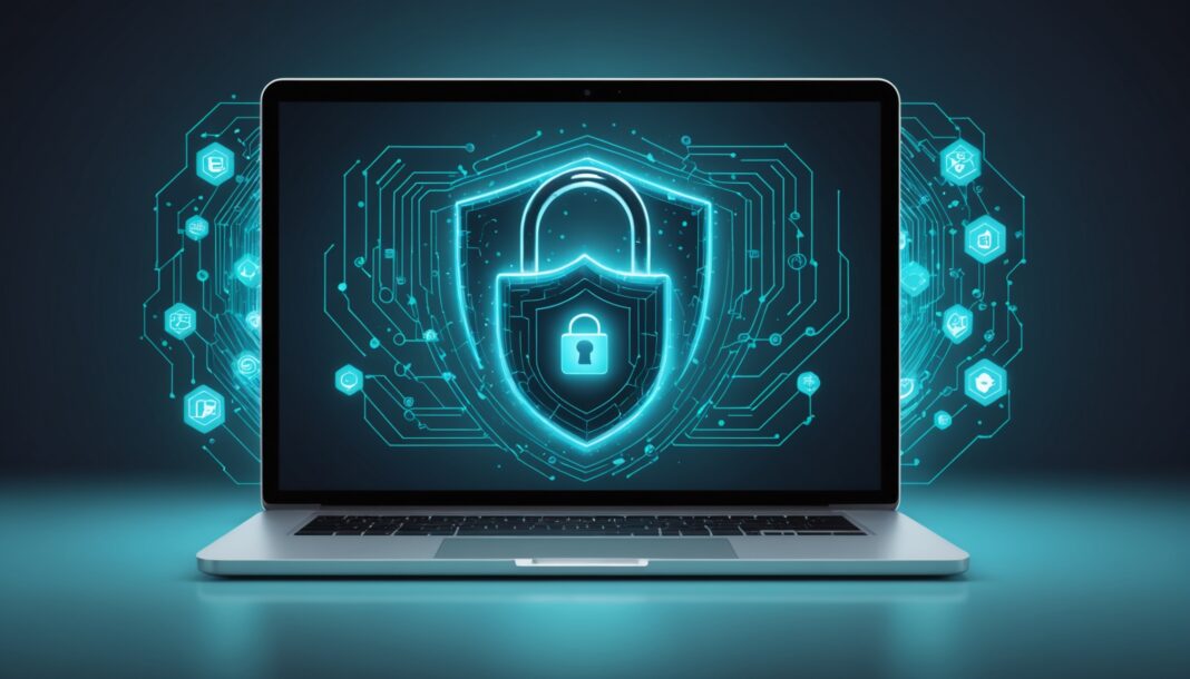 Illustration d'un site internet de PME protégé par un bouclier numérique symbolisant la cybersécurité
