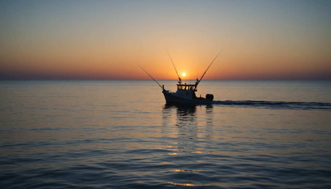 Bateau de pêche de loisir sur l'océan Atlantique au coucher du soleil