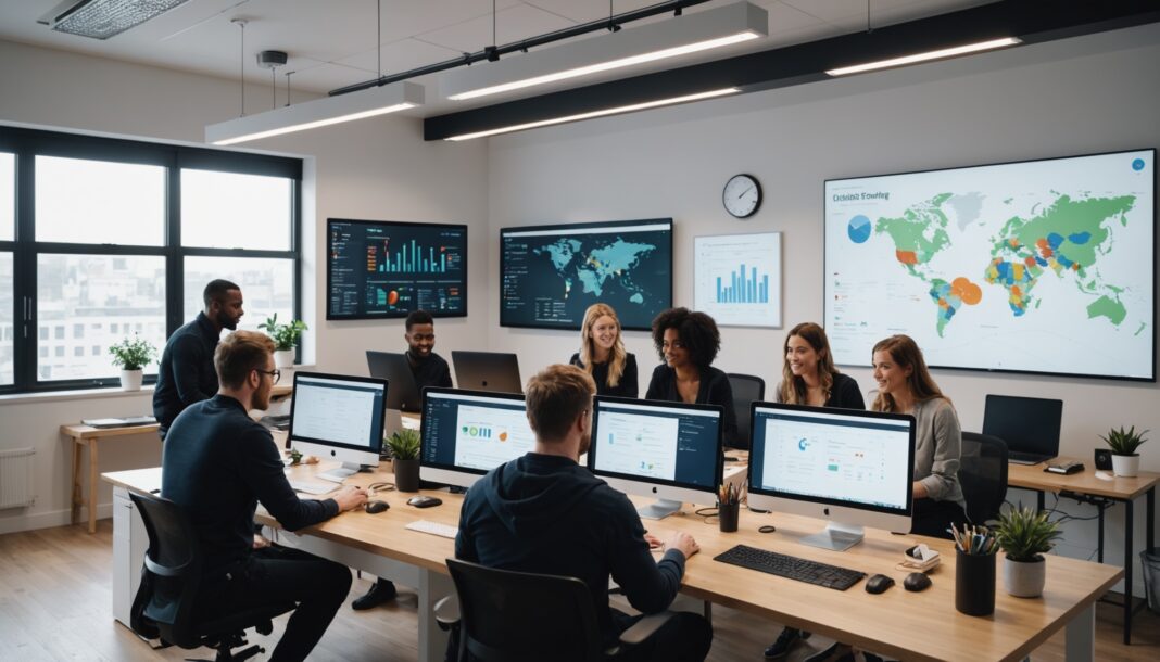 Équipe d'une agence web collaborant autour d'écrans affichant des données de référencement SEO et d'IA générative