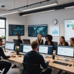 Équipe d'une agence web collaborant autour d'écrans affichant des données de référencement SEO et d'IA générative