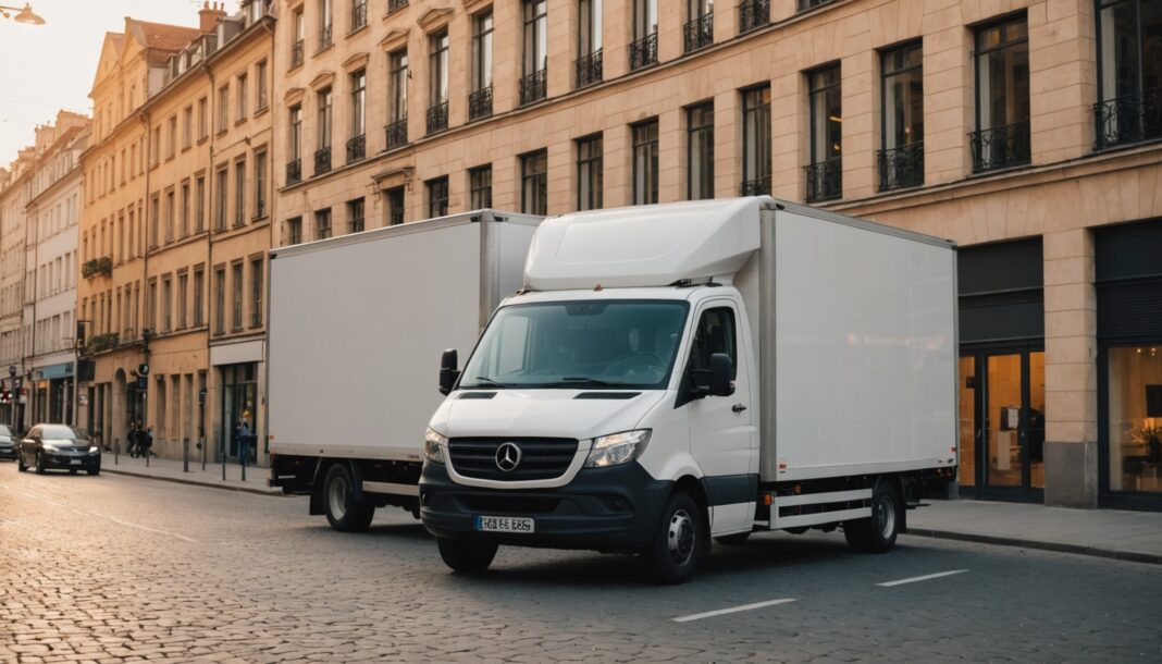 Camion de déménagement garé dans une rue en Europe, illustration transport et logistique