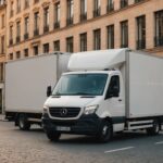 Camion de déménagement garé dans une rue en Europe, illustration transport et logistique