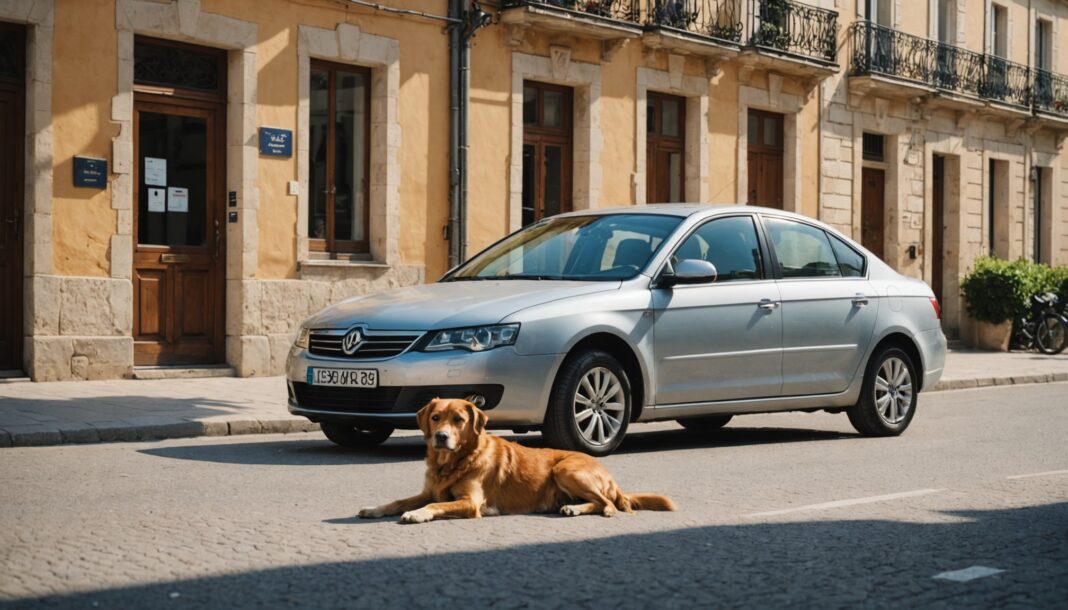 Chien attendant à l'ombre près d'une voiture garée par forte chaleur en France