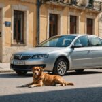 Chien attendant à l'ombre près d'une voiture garée par forte chaleur en France