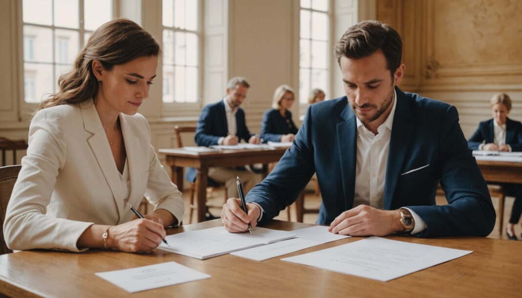 Couple signant des documents officiels d'union civile dans une mairie
