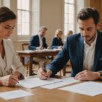 Couple signant des documents officiels d'union civile dans une mairie