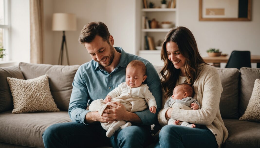 Parent tenant tendrement son nouveau-né dans un salon lumineux