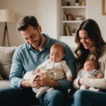 Parent tenant tendrement son nouveau-né dans un salon lumineux