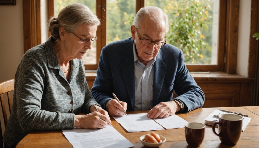 Couple de seniors consultant des documents de retraite à table