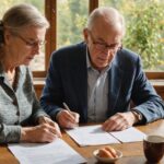 Couple de seniors consultant des documents de retraite à table