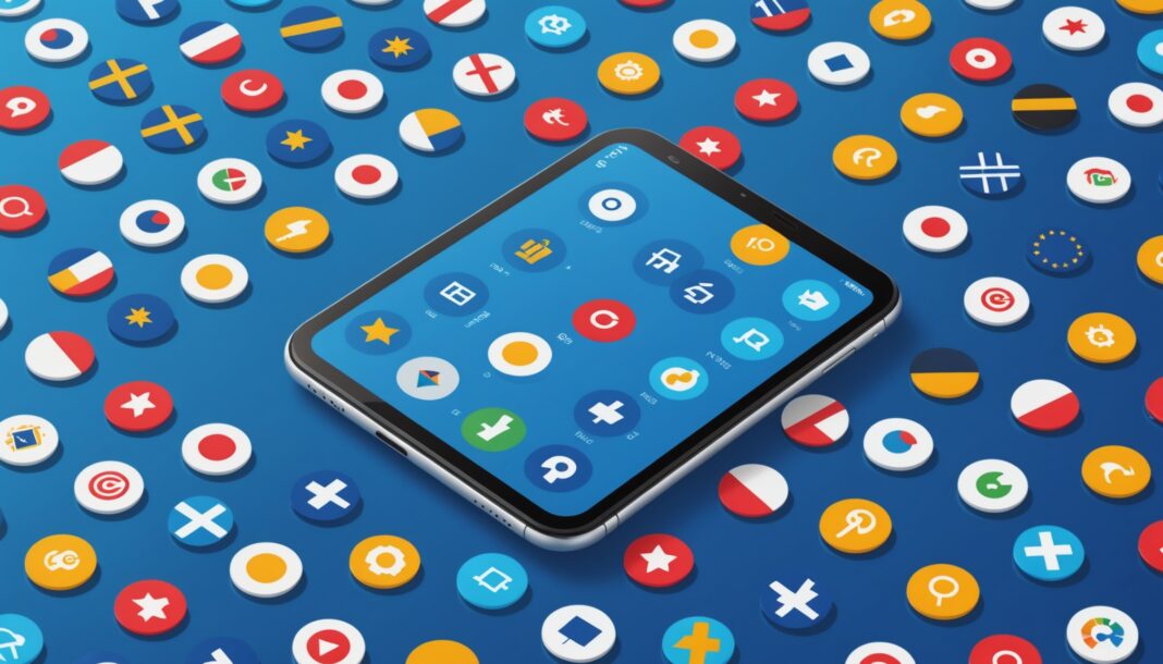 Illustration d'un smartphone affichant des icônes d'applications avec un motif d'étoiles européennes, symbole des nouvelles règles de l'App Store en Europe