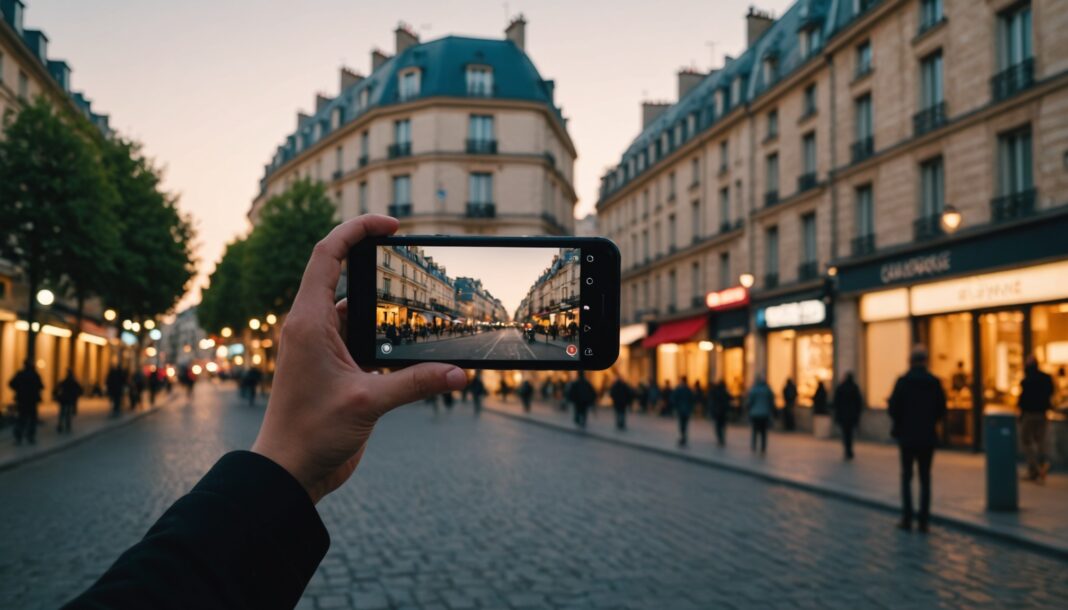 Personne utilisant le streaming video sur smartphone en exterieur, ambiance urbaine