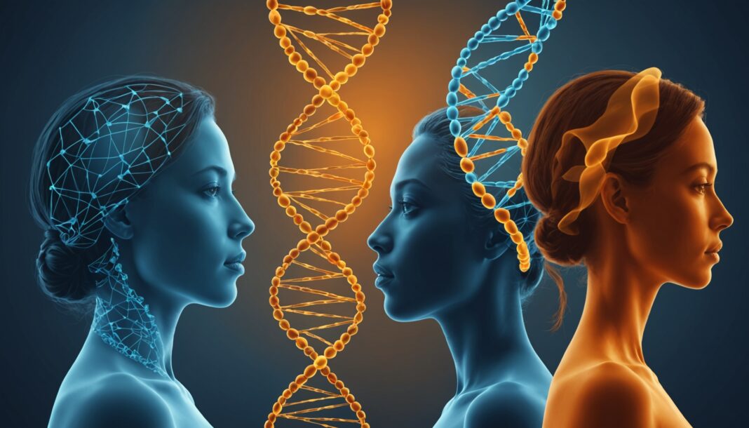 Illustration conceptuelle de la génétique de la personnalité, double hélice d'ADN et silhouettes humaines